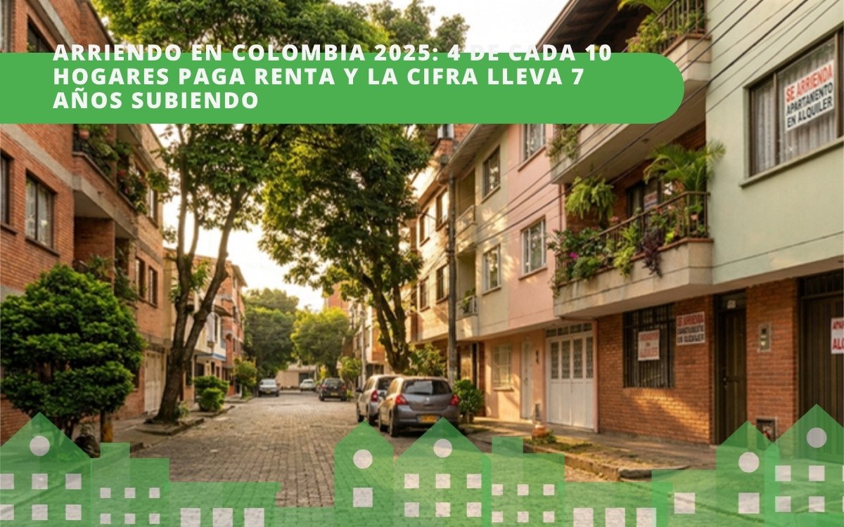 Calle residencial colombiana con edificios en arriendo y aviso Se Arrienda — mercado de renta 2025