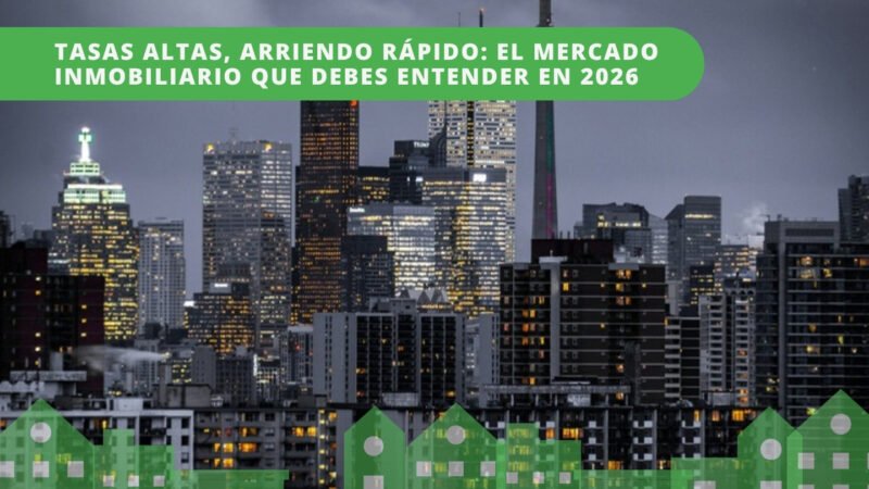 Skyline urbano nocturno — tasas de interés y mercado de arriendo en Colombia 2026