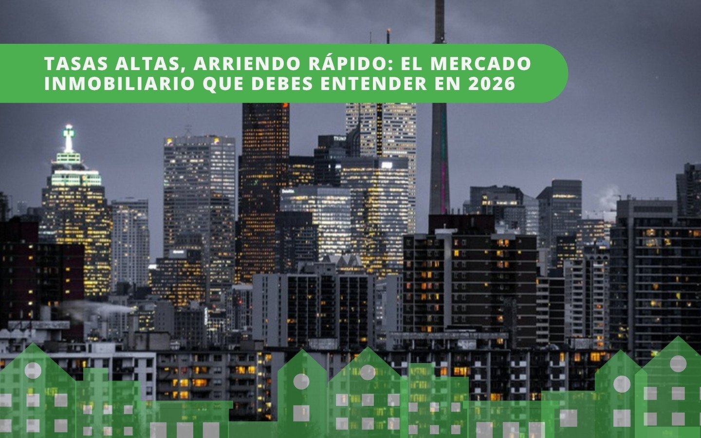Skyline urbano nocturno — tasas de interés y mercado de arriendo en Colombia 2026