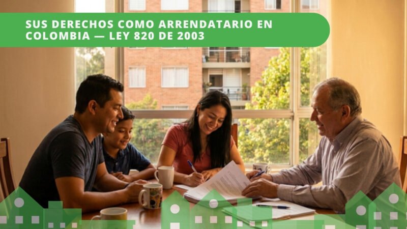 Familia colombiana revisando contrato de arrendamiento con propietario — derechos del arrendatario Ley 820