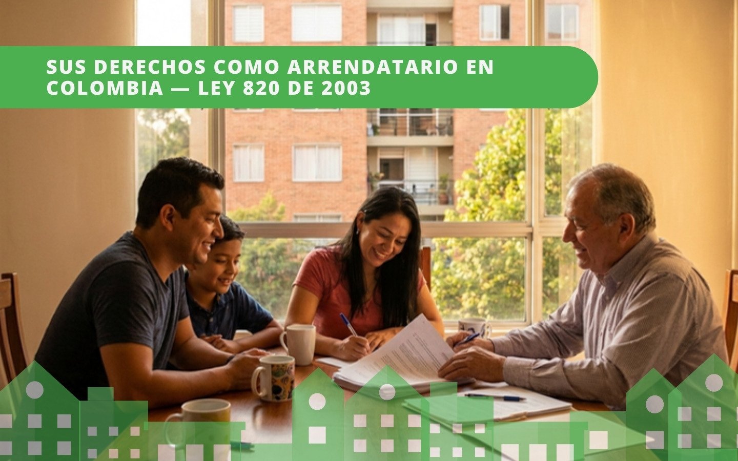 Familia colombiana revisando contrato de arrendamiento con propietario — derechos del arrendatario Ley 820