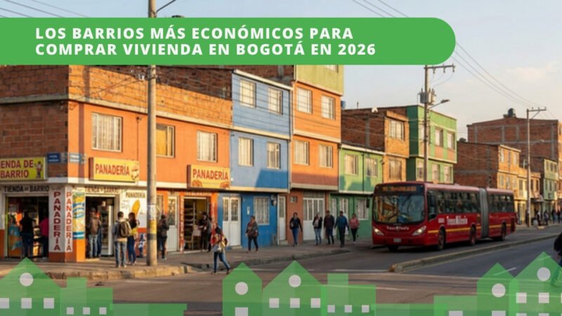 Calle del sur de Bogotá con casas coloridas, panadería de barrio y bus de TransMilenio — barrios económicos para vivir en Bogotá 2026
