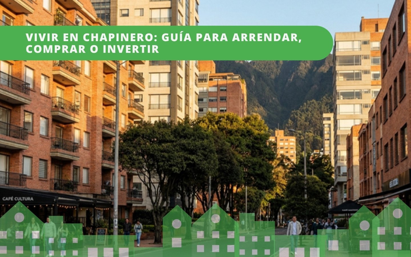 Calle arborizada de Chapinero en Bogotá con edificios de ladrillo, cafés y cerros orientales al fondo — guía del barrio