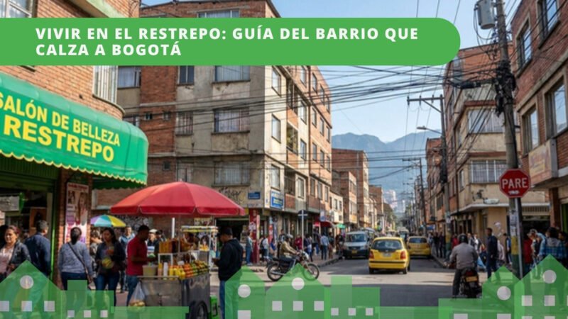 Esquina comercial del barrio Restrepo en Bogotá con salón de belleza, vendedor ambulante con parasol rojo, carros y cerros al fondo — guía del barrio