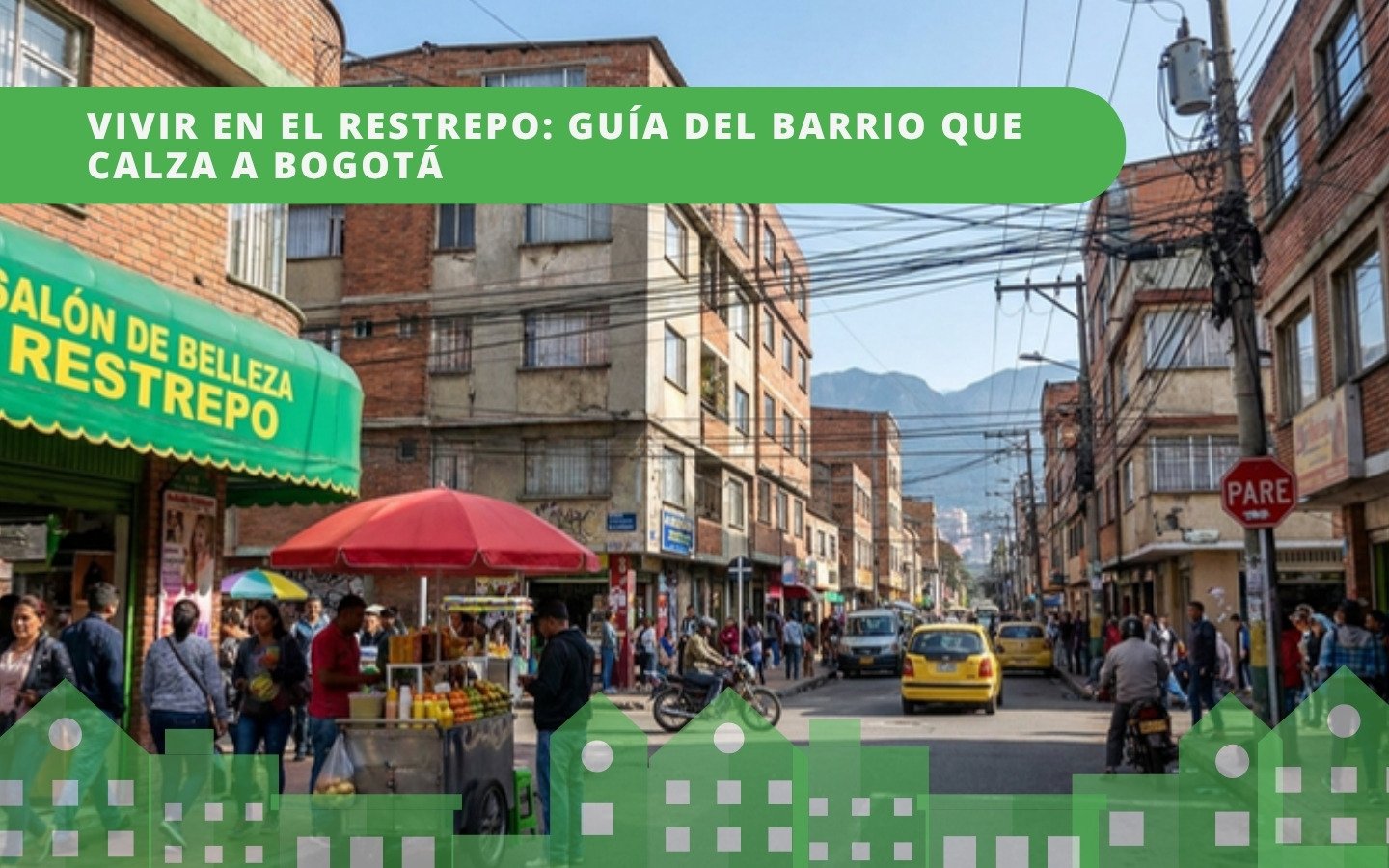 Esquina comercial del barrio Restrepo en Bogotá con salón de belleza, vendedor ambulante con parasol rojo, carros y cerros al fondo — guía del barrio