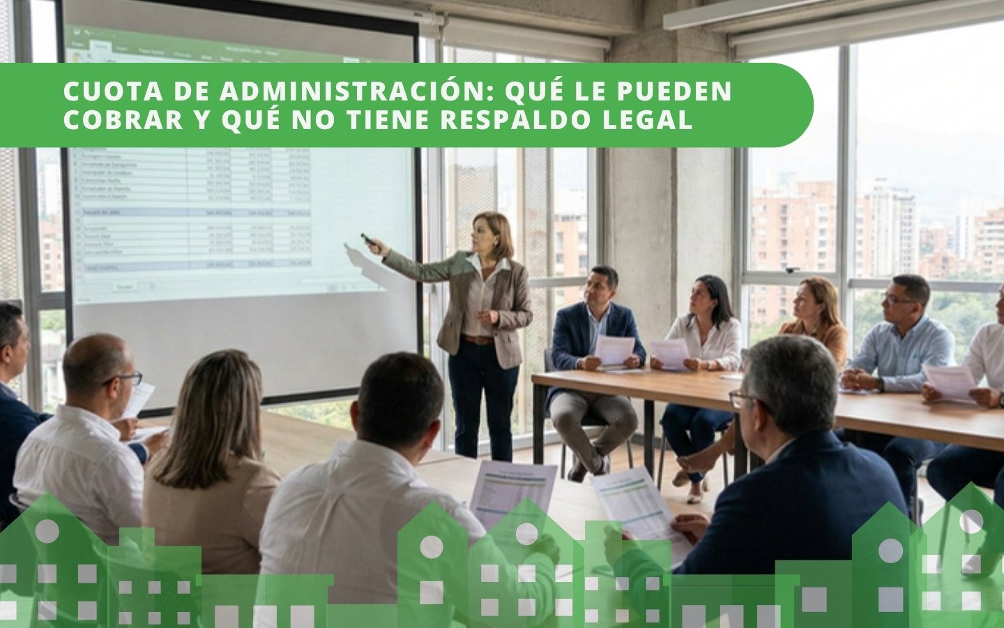 Asamblea de propietarios de conjunto residencial en Colombia revisando presupuesto de administración — Ley 675